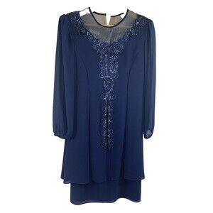 Ursula of Switzerland Beaded Party Cocktail Dress Navy Sheer Sleeve Women's 4P